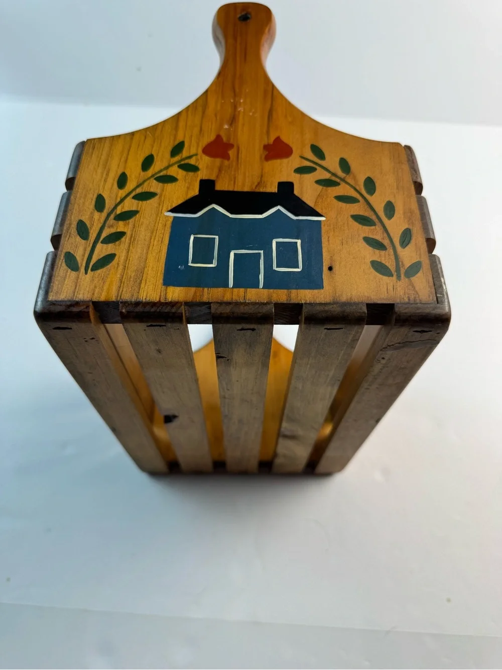 Hand-Painted Wooden Slat Basket with Handle - Folk House Design